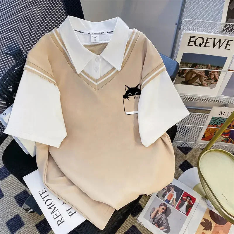POLO男2024 New Summer Large Size Women's Clothing Two-Piece Illusion Loose Fit Short Sleeves Polo Collar Top And Bottom