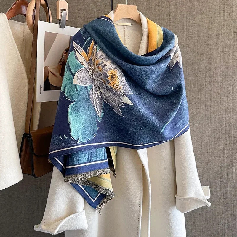 丝巾女Winter Luxury Floral Print Cashmere Scarfs for Women Pashmina Bufandas Thickened Female Warm Shawls Wraps Neck Scarves Outdoor