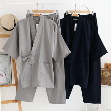 睡衣男2025 Japanese kimono men's spring and summer pajamas two-piece 100% cotton solid color simple large size home service set mens