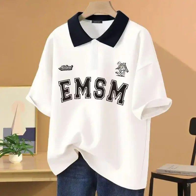 POLO男2024 Summer Men's American Style Polo Shirt Youth Popular T-shirt Half Sleeve Loose Fit Slimming Vintage Printing Top