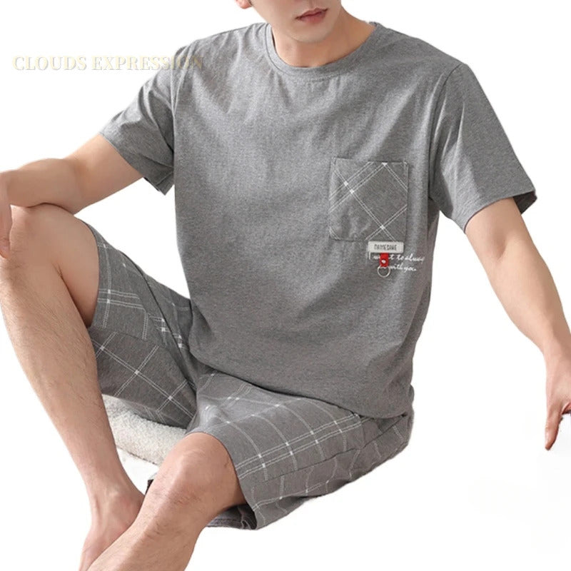 睡衣男Summer Plus 7XL Knitted Pjs Short Sleeved Men Pajama Sets Male Pajamas Plaid Loungewear For Masculine Sleepwear Homewear Fashion