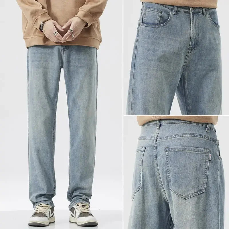 牛仔裤男Spring Thickened Loose Straight Leg Men's Jeans Casual Pants Versatile Tencel Brand Popular Spring Summer Autumn Seasonal Wear