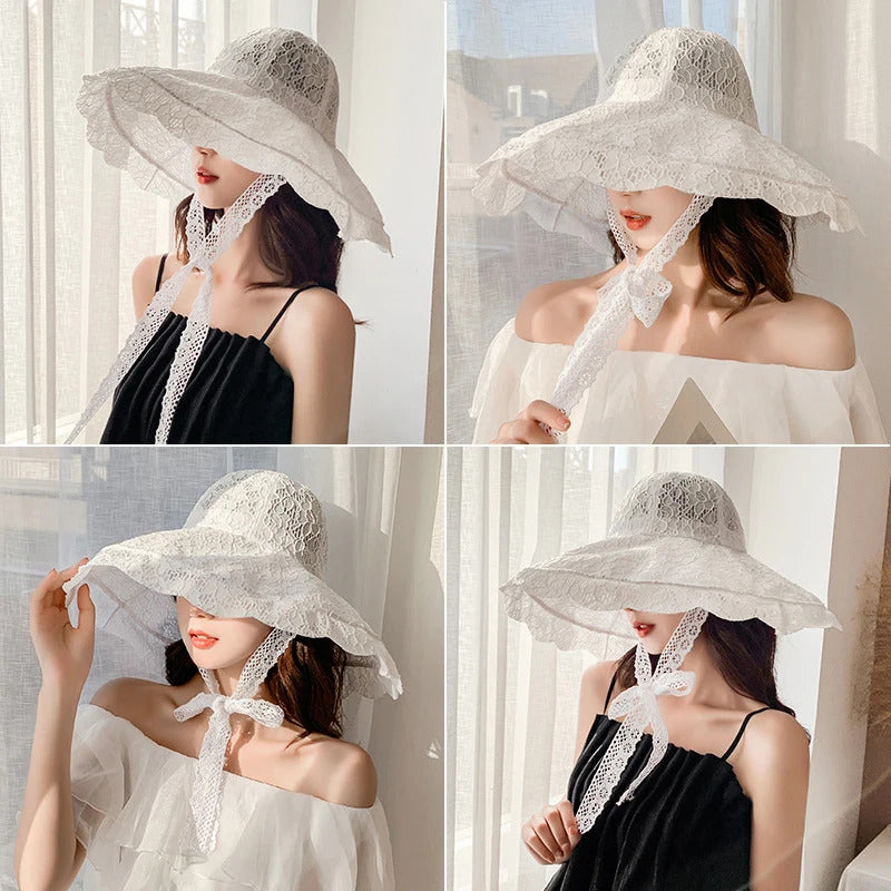 帽子女2023 New Fashion Women Summer Hat Ladies Solid Lace Wide Brim Sun Hat Bucket Cap Female Elegant Packable Panama Beach Hat