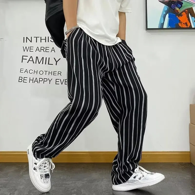 休闲裤男American Style Hip Hop Striped Pants For Men Summer Trendy Brand High Street Loose Fit Draped Ice Silk Straight Leg Wide Leg Swe