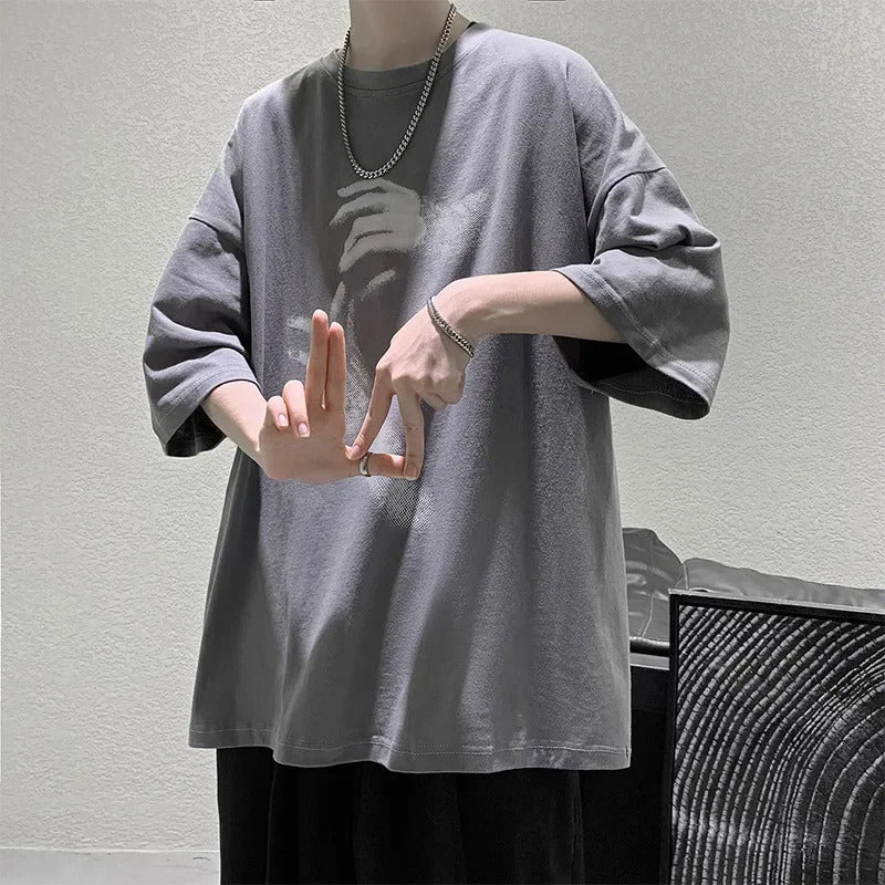 T恤男Men's Summer New Style Loose-fit Casual T-shirt Hong Kong Style Versatile Half Sleeve Top For Fat Men