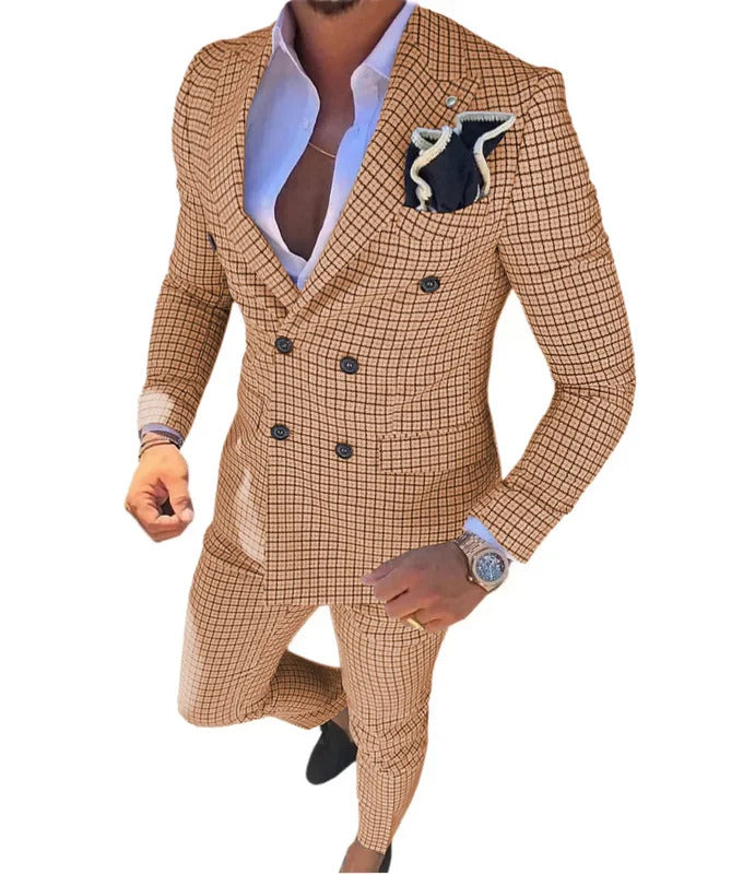 礼服男Men's Plaid Suits 2 Piece Casual Suit Set Pants Set for Men Double Breasted Peak Lapel for Wedding Prom Evening Parties