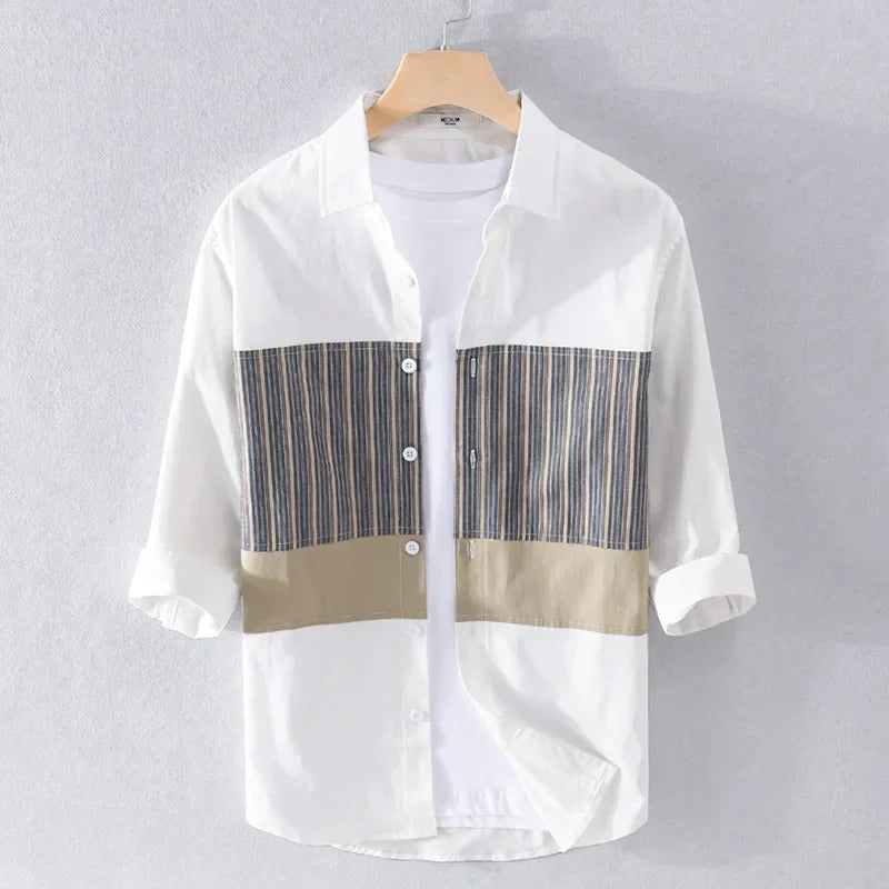 衬衫男Japanese Style Simple Men's 3/4 Sleeve Shirt Trendy Comfortable Loose-Fit Striped Cotton Casual Shirt 9745