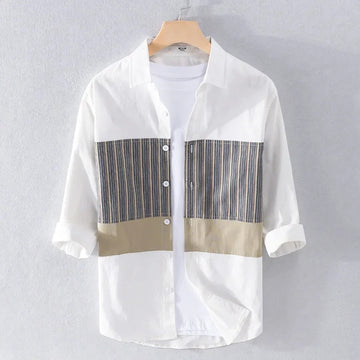 衬衫男Japanese Style Simple Men's 3/4 Sleeve Shirt Trendy Comfortable Loose-Fit Striped Cotton Casual Shirt 9745