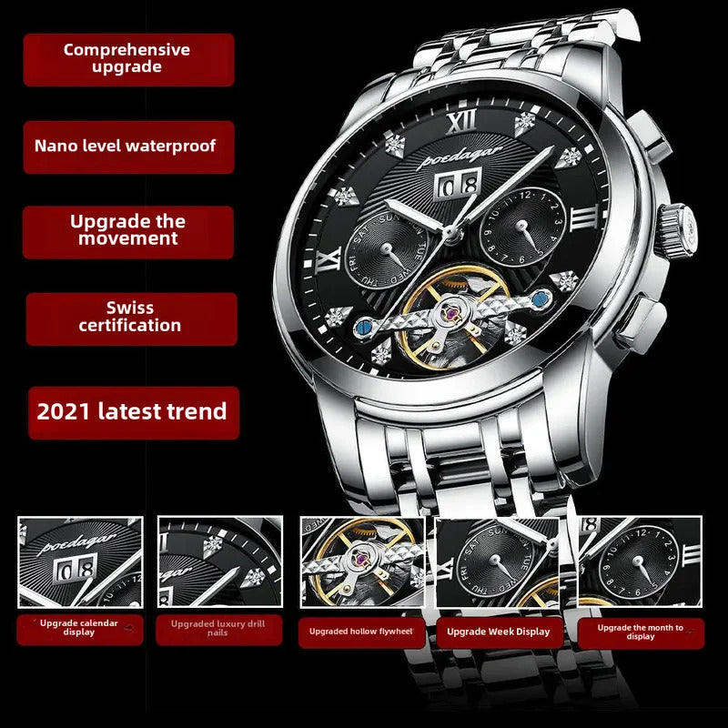 手表男New Men's Automatic Mechanical Watch Waterproof Luminous Calendar Flying Wheel Timepiece Business Style Without Clasp
