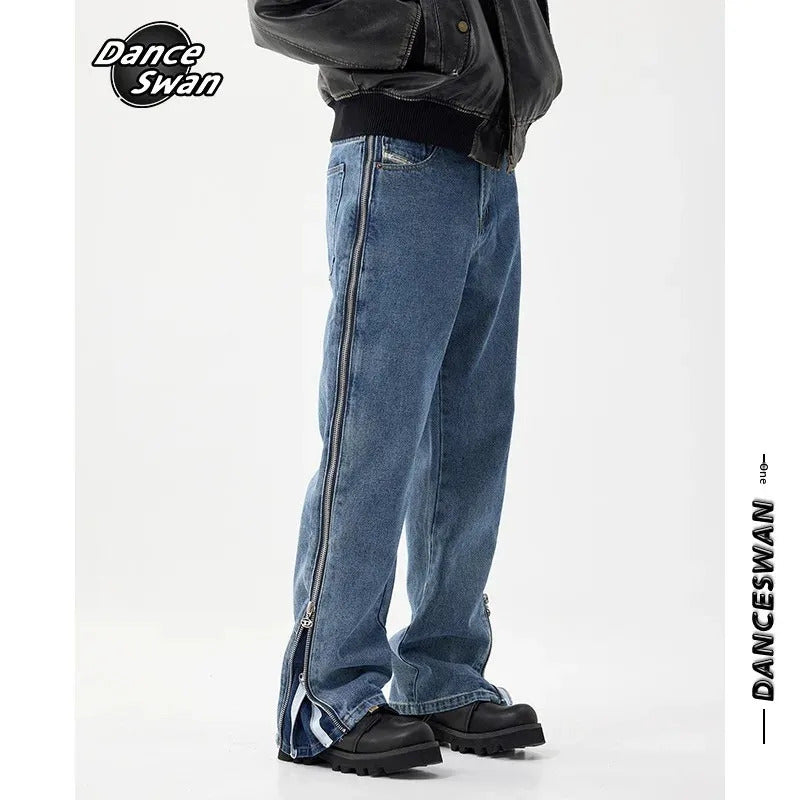 牛仔裤男2024 New Men's Straight-Leg Denim Jeans Loose-Fit Blue Washings High Street Style Zip-Up Long Pants For Autumn/Winter