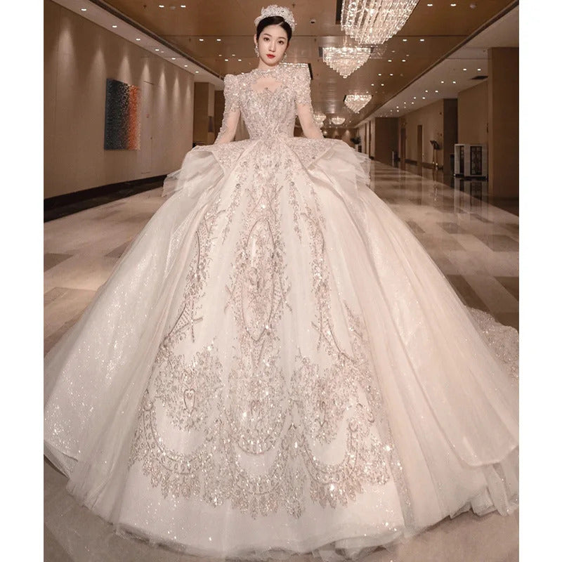 礼服女Y&m Novias High Neck Long Sleeve Wedding Dress Plus Size Vestido De Vintage Luxury Bead Bridal Princesse Gown Cathedral Train