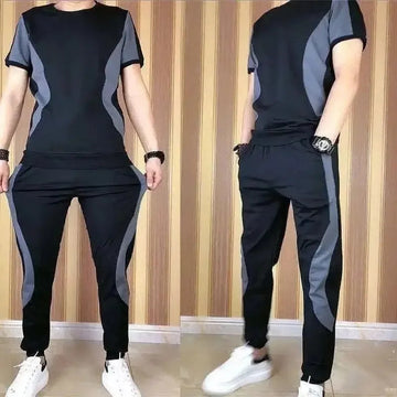 男士套装Summer New Plus Size Men's Round Neck Short Sleeve T-Shirt Cropped Pants Casual Sports Loose-Fit 2-Piece Set Lightweight Ice Sil