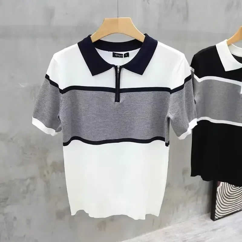 POLO男Summer Lapel Striped Short Sleeve T-Shirt For Men High End Polo Shirt Youth Fashion Cool Printed Top Base Layer