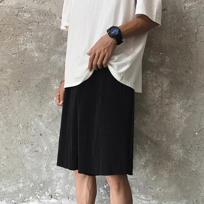短裤男NEW Striped Shorts Men And Women Elastic Waist Solid Loose Wide Leg Sportswear Pleated Drawstring Mens Shorts Casual Sweatshorts