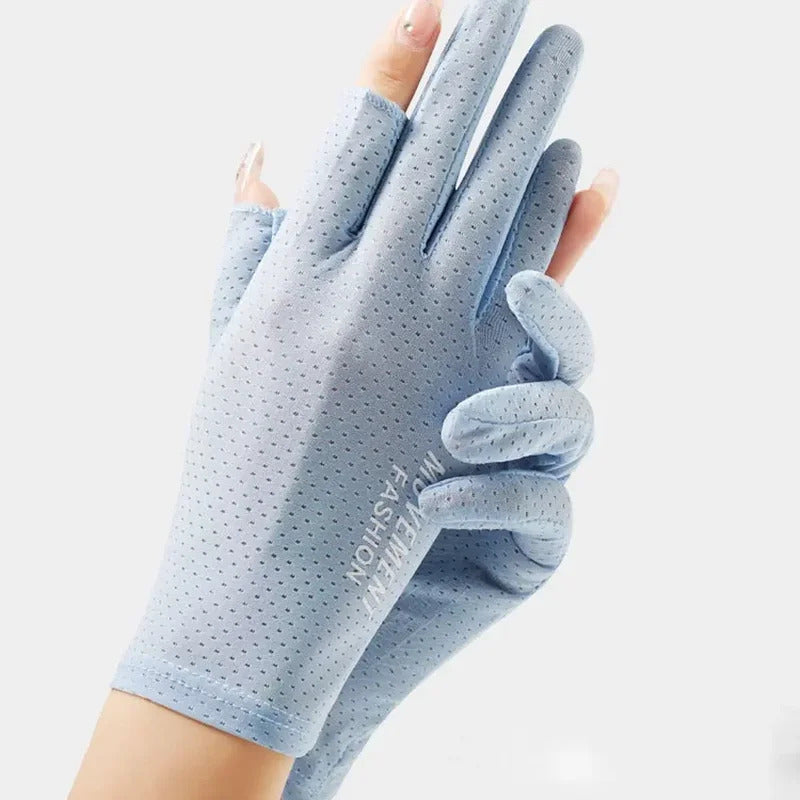 防晒手套女Sunscreen Mittens Ice Silk Two Fingers Gloves Women Breathable Thin Fingerless Gloves  Summer Outdoor Riding Driving Gloves