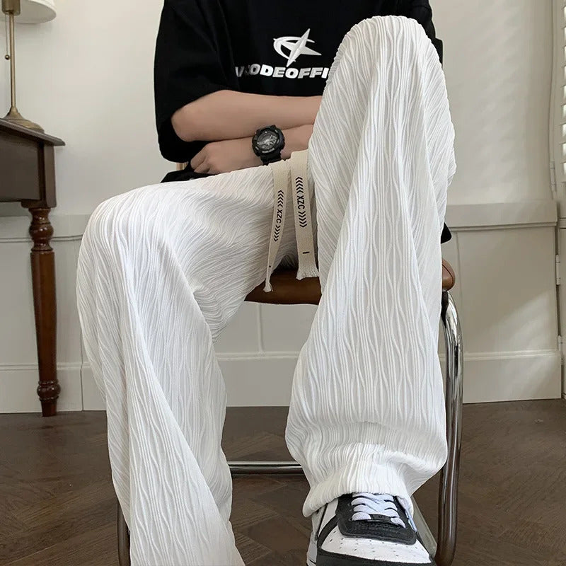 休闲裤男Men's Casual Summer Thin Ice Silk Long Pants Trendy Loose-Fit Wide-Leg Straight-Leg Sweatpants for Men