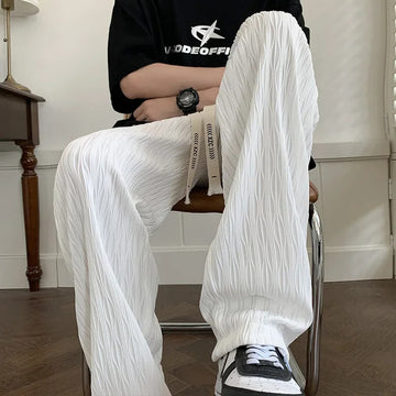 休闲裤男Men's Casual Summer Thin Ice Silk Long Pants Trendy Loose-Fit Wide-Leg Straight-Leg Sweatpants for Men