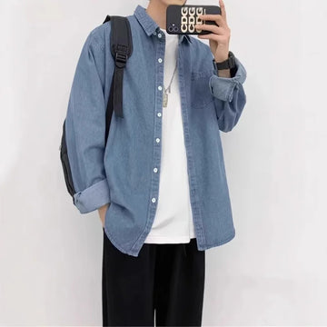 衬衫男Japanese Vintage Denim Shirt Men's Long Sleeve Loose Fit Casual Clothing Working Uniform Spring Autumn Versatile Jacket