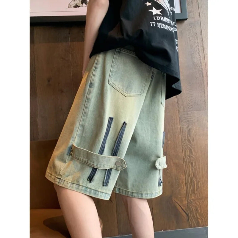 短裤男Summer Men Wide Leg Denim Shorts Vintage Cargo Hip-pop Baggy Knee Length Pants Stitching Streetwear Straight Casual 5 Pants