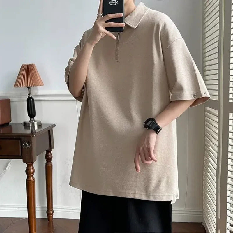 POLO男Solid Color Half-Zip Polo Shirt Men's Casual Loose Fit Hip Hop Trendy Fashion Short Sleeve T-Shirt Base Layer Lapel Five Point T