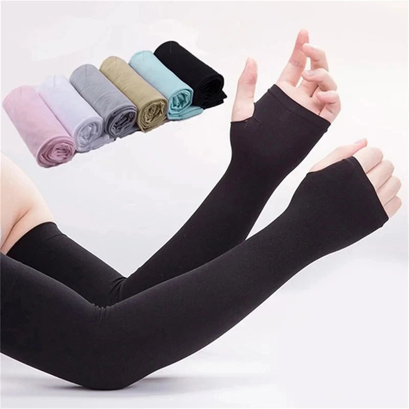 防晒冰袖女Uv Solar Arm Sleeves Woman Men Cycling Fingerless Gloves Cool Muff Summer Ice Silk Elastic Arm Cover Driving Anti-Sunburn Sleeve