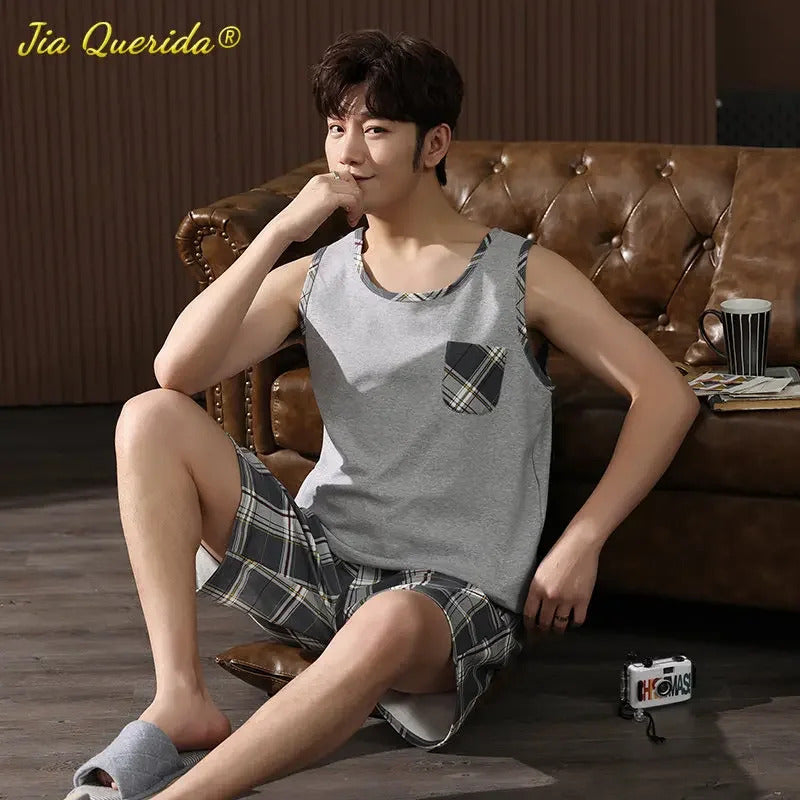 睡衣男100% Cotton Big Size 4XL Summer Men Knitted Cotton Pajamas Set Plaid Shorts Sleepwear Sleeveless Vest Homewear Loose Pijamas