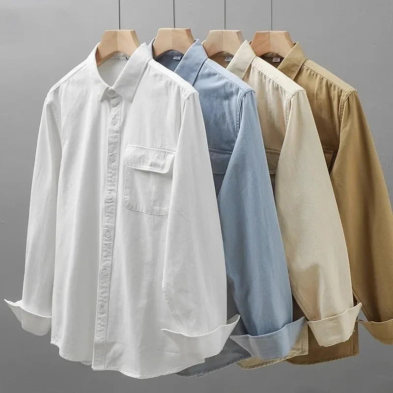 衬衫男American Style Heavy Duty Long Sleeve Cotton Shirt For Men Casual Spring Autumn Pocket High End Feel White Shirt Jacket