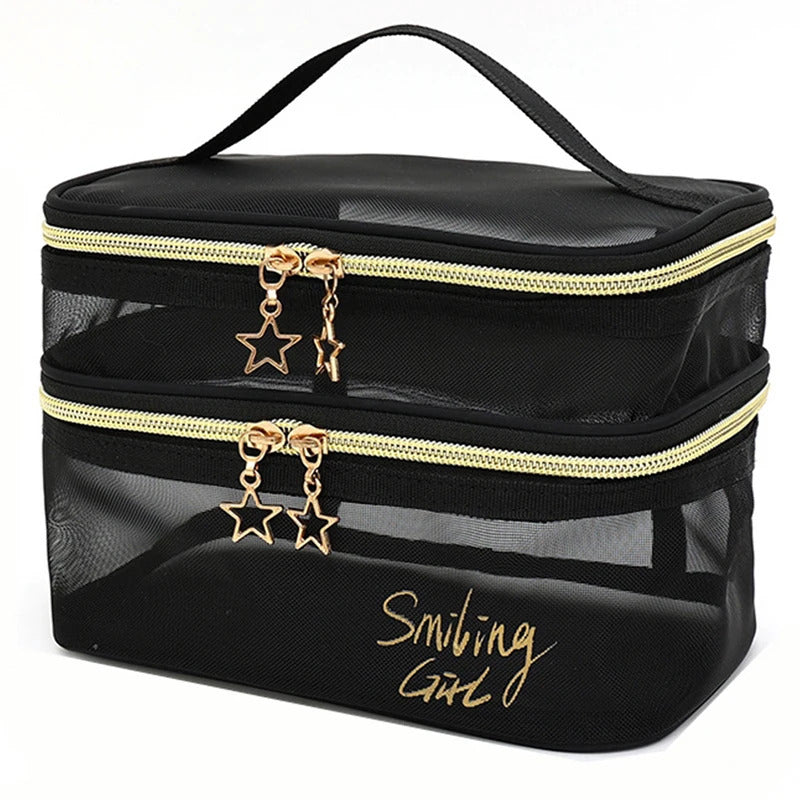 包包Large-Capacity Black Mesh Makeup Case Organizer Storage Pouch Casual Zipper Toiletry Wash Bags Make Up Women Travel Cosmetic Bag