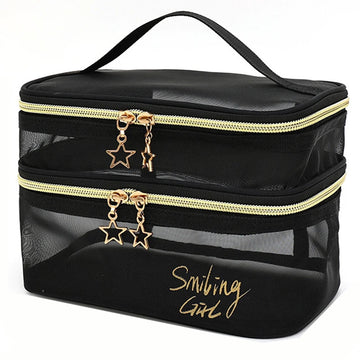 包包Large-Capacity Black Mesh Makeup Case Organizer Storage Pouch Casual Zipper Toiletry Wash Bags Make Up Women Travel Cosmetic Bag