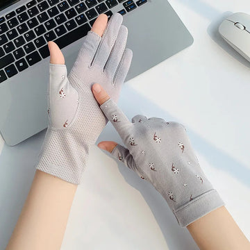 防晒手套女Women Summer Cotton Sunscreen Anti-UV Touch Screen Thin Cycling Drive Breathable Non-Slip High Elasticity Gloves Leak Two Finger