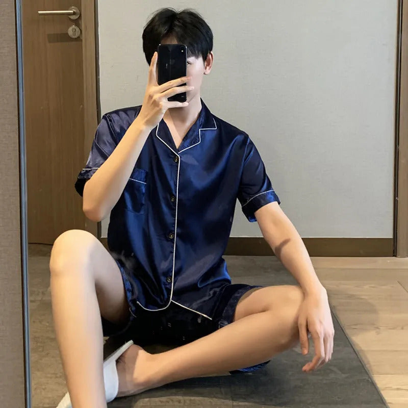 睡衣男2021 Summer Newest Men's Pajamas Set Plus Size Solid Color Sleepwear Men's Short Sleeve Nightwear Short Top Pant Leisure Outwear
