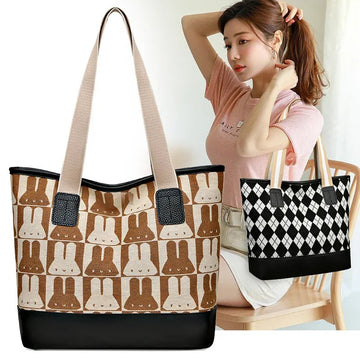 包包2024 New Fashionable Versatile Canvas Printing Argyle Women's Shoulder Bag Large Capacity Tote Bag Fabric Bag Zipper Closure