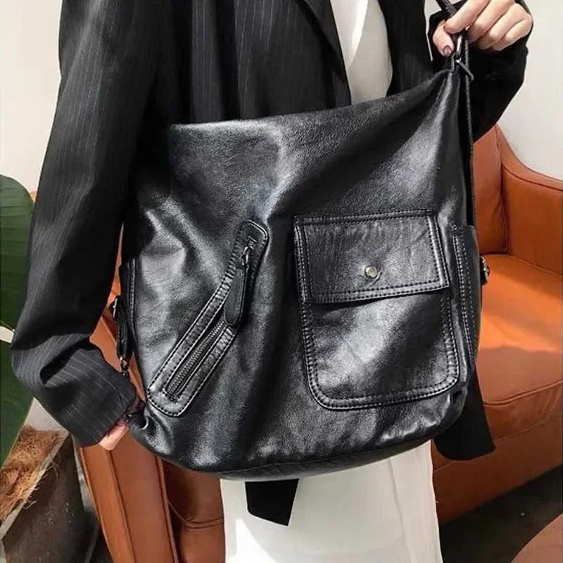 包包Black Vintage Women Shoulder Bag Plain Luxury Motorcycle Messenger Bags Designer Large Capacity Multi-functional Backpacks