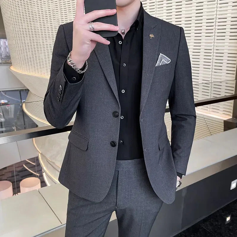 商务装男( Blazer + Pants ) High End Brand Plaid Men's Casual Formal Office Business Suit Groom Wedding Dress Slim Suit Jacket Trousers