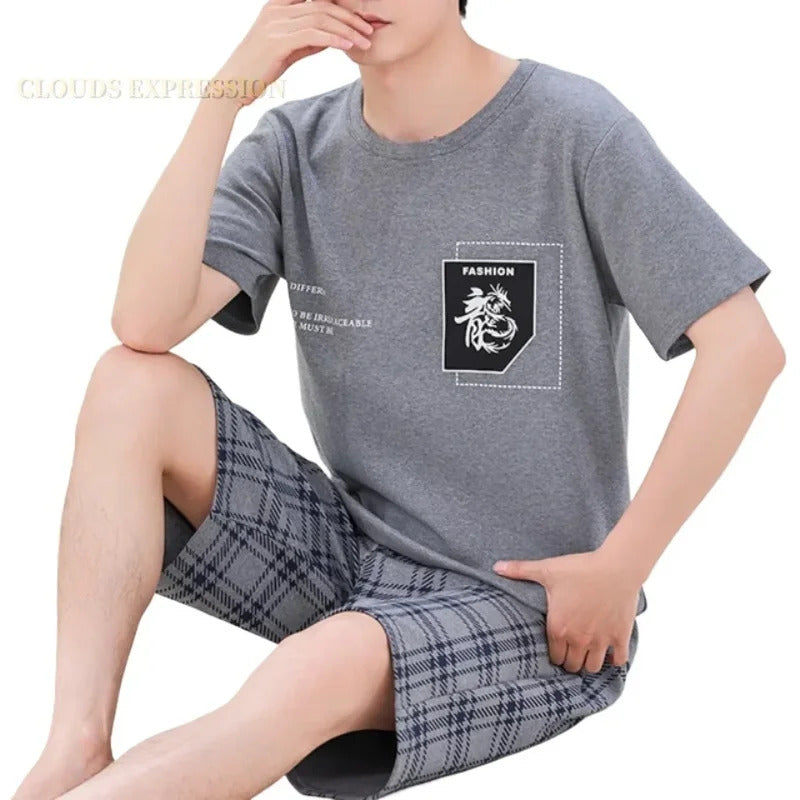 睡衣男Summer 4XL Knitted Cotton Short Sleeved Men's Pajamas Sets Male Pajama Set Plaid Pajama For Men Sleepwear Suit Homewear Size