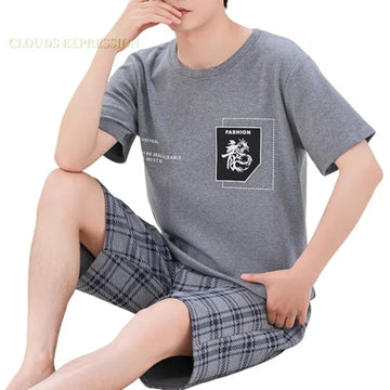 睡衣男Summer 4XL Knitted Cotton Short Sleeved Men's Pajamas Sets Male Pajama Set Plaid Pajama For Men Sleepwear Suit Homewear Size