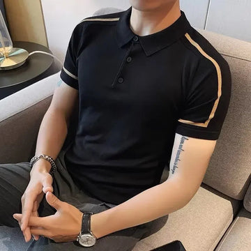 POLO男Summer New Men's Dark Stripe Ice Silk Polo Shirt Young Sports Fitness Quick Dry T-shirt Office Lapel Clothing