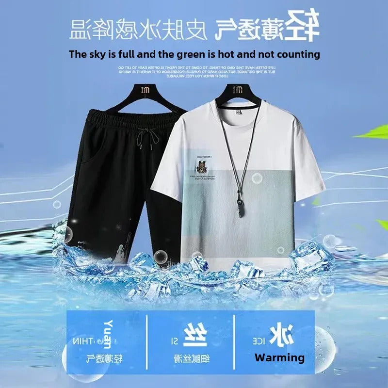 男士套装Men's Summer New Style Cool Breathable Trendy Matching Short Sleeve Shorts 2-Piece Set Youthful Sportswear from China Mainland