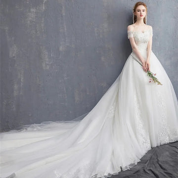 礼服女Customized Off Shoulder Wedding Dress New Vestido De Novia Floor  Length Luxury Long Lace Appliques Pears Bridal Gowns