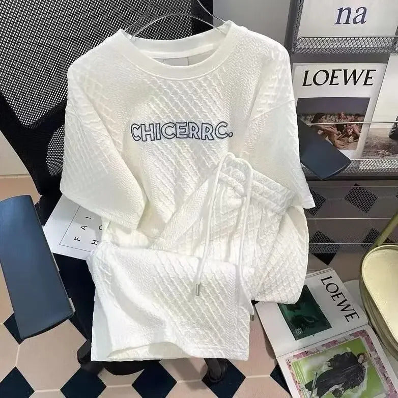 男士套装Trendy Men's Shorts Suit Cable Knit Summer Loose Fit Thin Style Cool Top Shorts Knitted Letter Printed Sleeveless Casual Wear