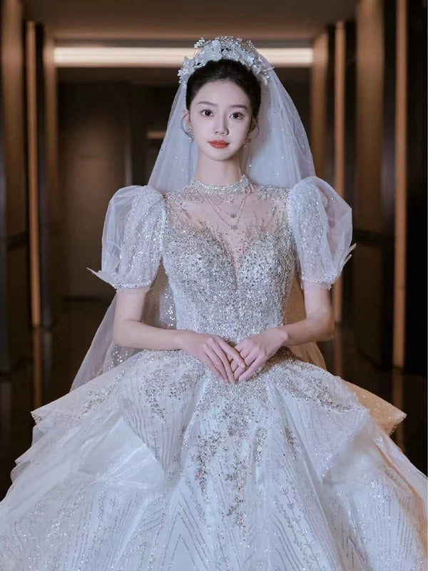 礼服女Sweet Square Collar Satin Wedding Dress Plus Size Custom Luxury Pearls Bridal Ball Gown Vestido De Noiva Floor Or Train