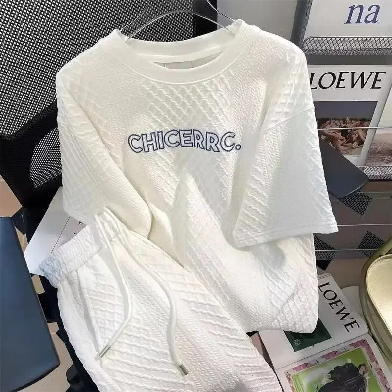 男士套装Trendy Men's Shorts Suit Cable Knit Summer Loose Fit Thin Style Cool Top Shorts Knitted Letter Printed Sleeveless Casual Wear