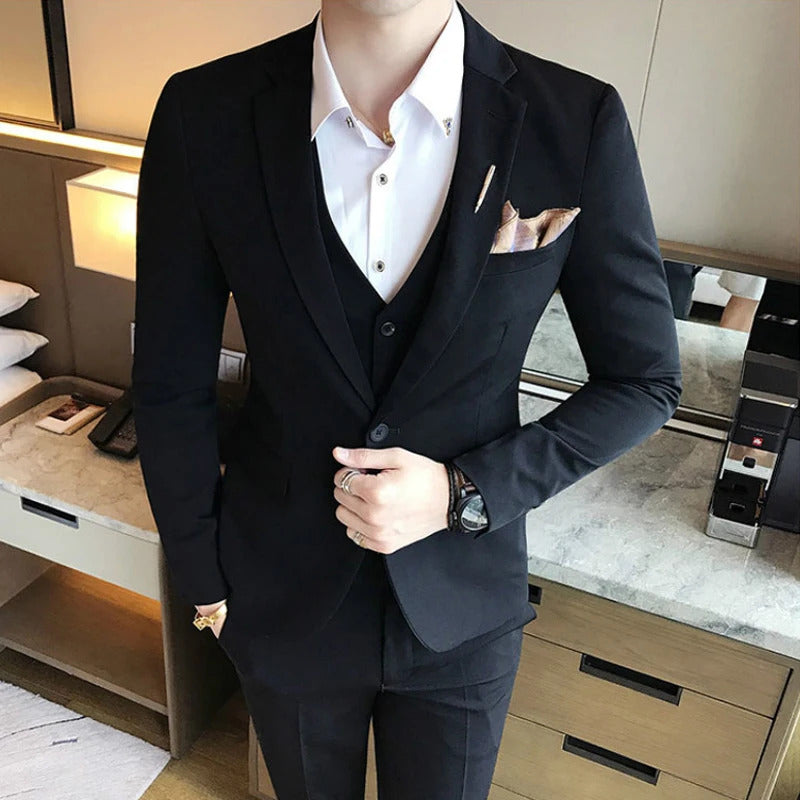 商务装男S-7XL ( Jacket + Vest + Pants ) Mens Suit Solid Color Mens Classic Suits Red Prom Suit Black White Blue Slim Groom Wedding Dress