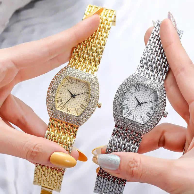手表女UTHAI H64 Women's Full Diamond Watch Temperament Gold Steel Band Barrel shaped Full Sky Star Vintage Fashion Quartz Wristwatches