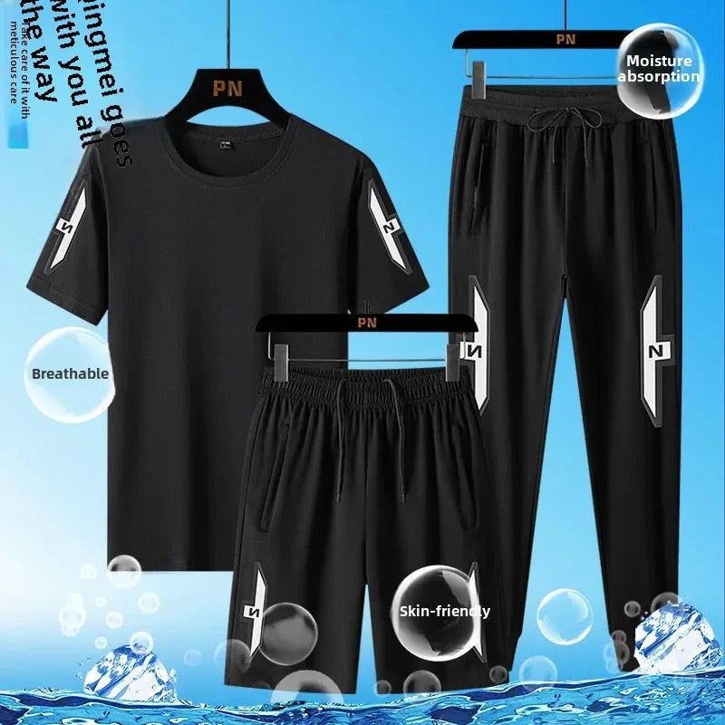 男士套装Summer Cotton Short Sleeves Men's Three-piece Suit Outdoor Sports Casual Student New Trendy Top Pants Young Men Fashion