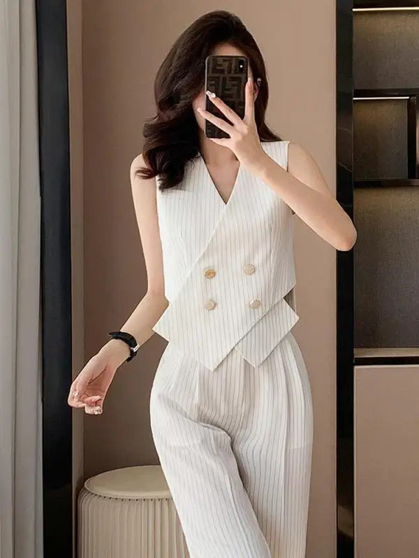 商务装女Summer Chic Stripes Office Ladies Two-piece Set Womem Irregular Double Breasted Vest Tops And High Waist Ankle-length Pants Suit