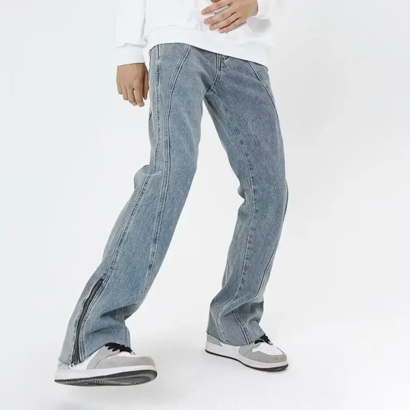 牛仔裤男American Style High Street Vibe Zippered Side Slit Men's Jeans Loose Fit Straight Leg Micro Flared Trousers Trendy Brand