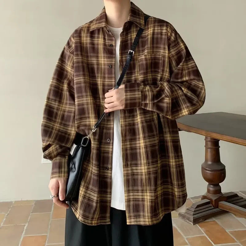 衬衫男Japanese Vintage Plaid Shirt Men's Long Sleeve New Model Loose-Fit Casual High-End Feel Men's Jacket Shirt For Spring And Autumn