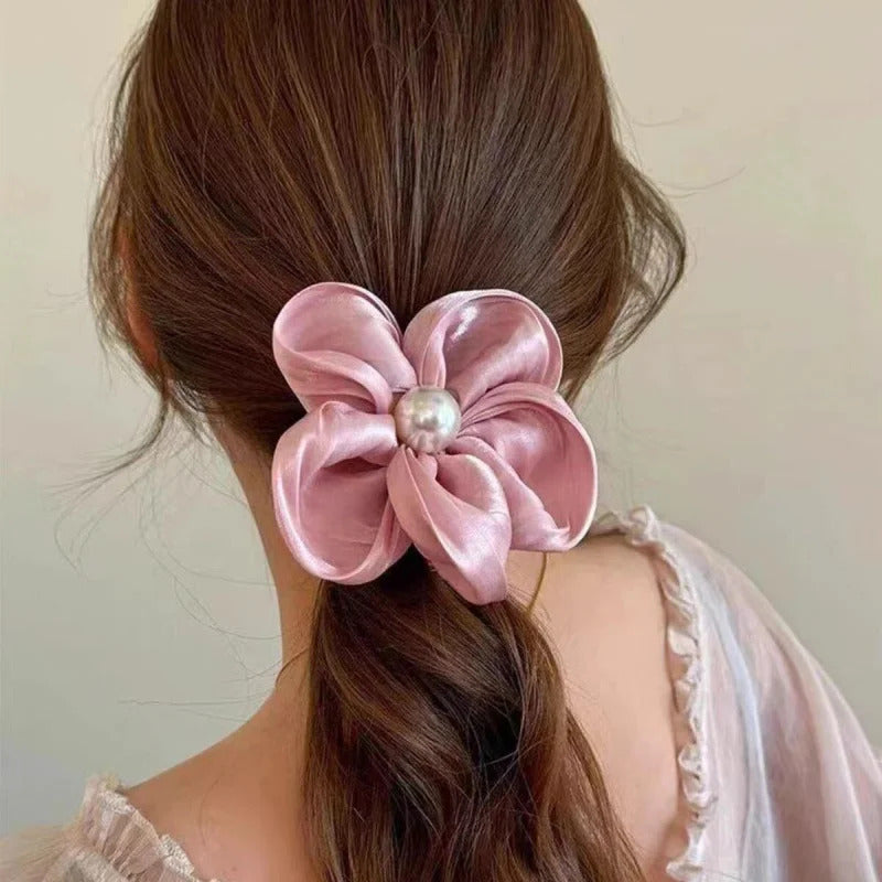 发饰Sweet Colored Flowers High Elastic Hair Circle Cloth Hair Bands Pearl Hair Ties Scrunchies Ponytail Holder Hair Accessories