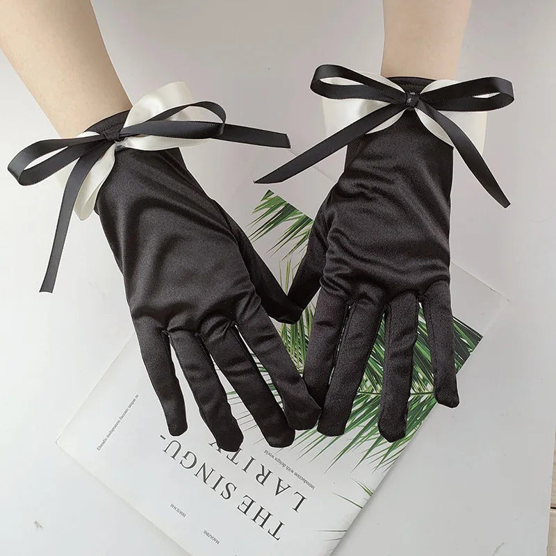 防晒手套女Women Wedding Dress Etiquette Performance Short Elastic Spandex Glove Bride Retro Double Bow Dance Party Professional Mitten
